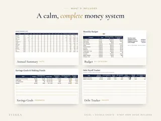 Annual Summary, Budget, Savings Goals and Debt Tracker tabs
