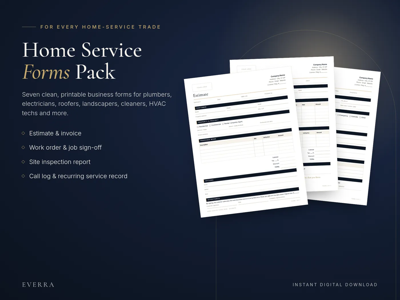 Home Service Forms Pack: estimate, invoice and work order pages